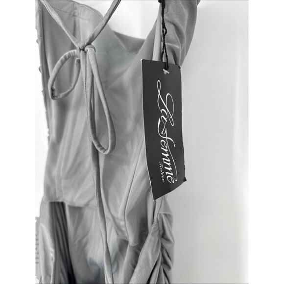 La Femme Size 4 Silver Gray Tie Back Satin Maxi Cocktail Prom Gown Dress Slit - Picture 10 of 10